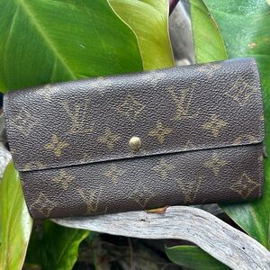 Louis Vuitton Monogram Porte Monnaie Canvas Long Wallet Snap Closure Brown